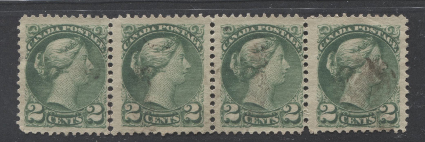 Lot 211 Canada #36i 2c Green Queen Victoria, 1870-1897 Small Queen Issue, A VF Used Strip of 4, 2nd Ottawa Printing, Thin, Soft, Translucent Poor Quality Wove Paper