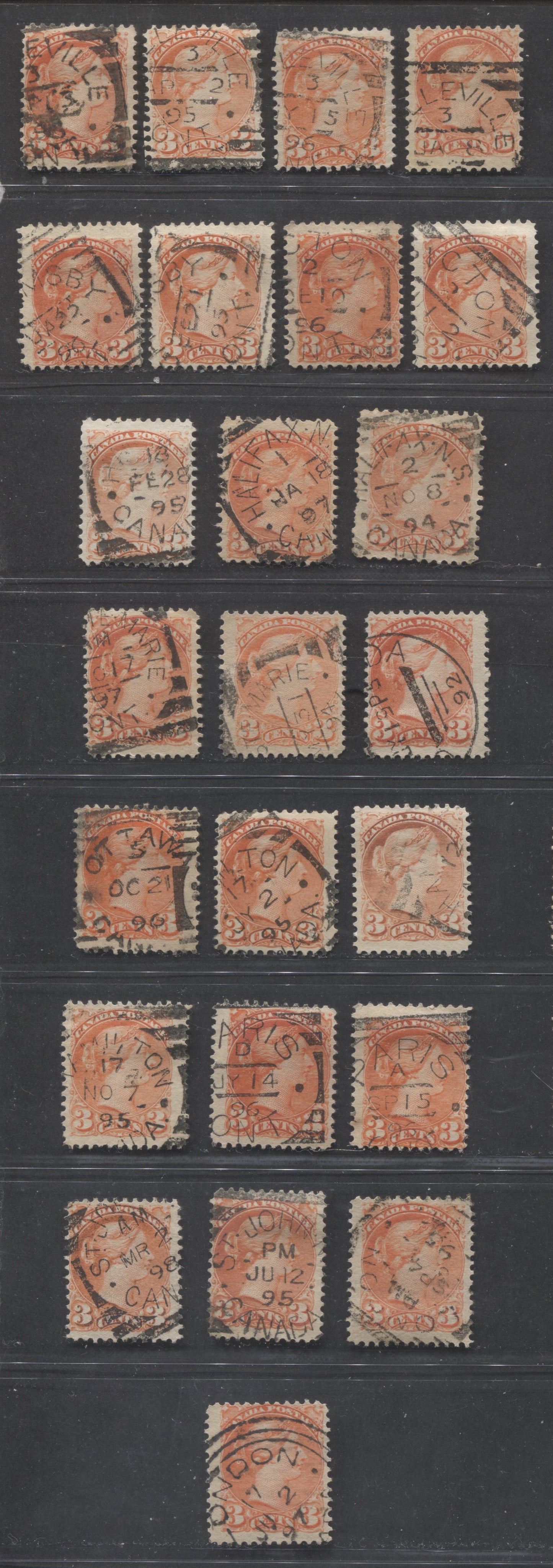 Lot 225 Canada #41 3c Vermilion Queen Victoria, 1870-1897 Small Queen Issue, 24 Fine Used Singles, All With Full to Partial, Dated Squared Circle Cancels, 2nd Ottawa Printings