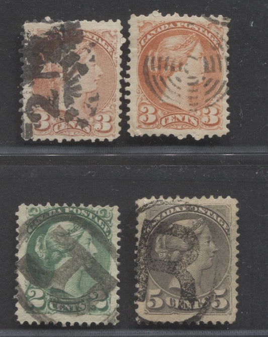 Lot 226 Canada #37a, 37iii, 36i, 42 2c, 3c, 5c Green, Rose, Orange Red & Grey Queen Victoria, 1870-1897 Small Queen Issue, 4 Fine Used Singles, Fancy Numeral "21", Segmented Target and Registered Cancels, 1st & 2nd Ottawa And Montreal Printings