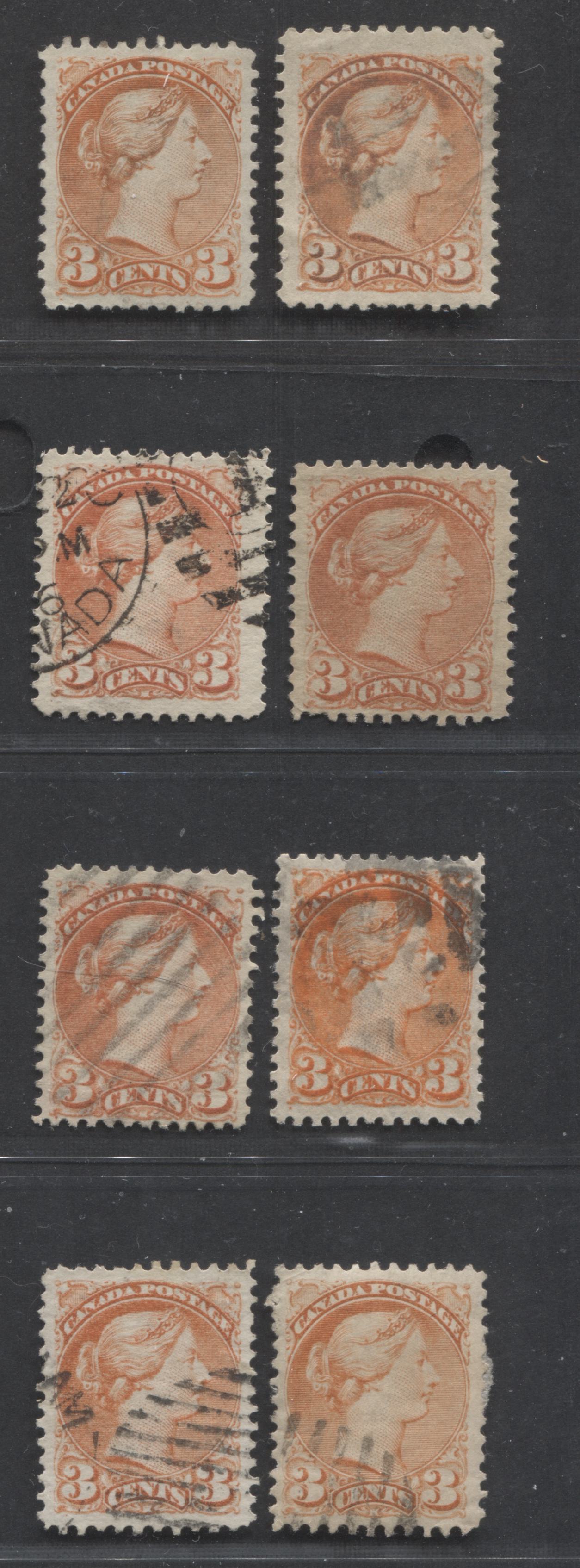 Lot 227 Canada #37, 37iii 3c Orange Red Queen Victoria, 1870-1897 Small Queen Issue, 8 VF Used Singles, All Montreal Printings, Perf. 12 and 11.75 x 12