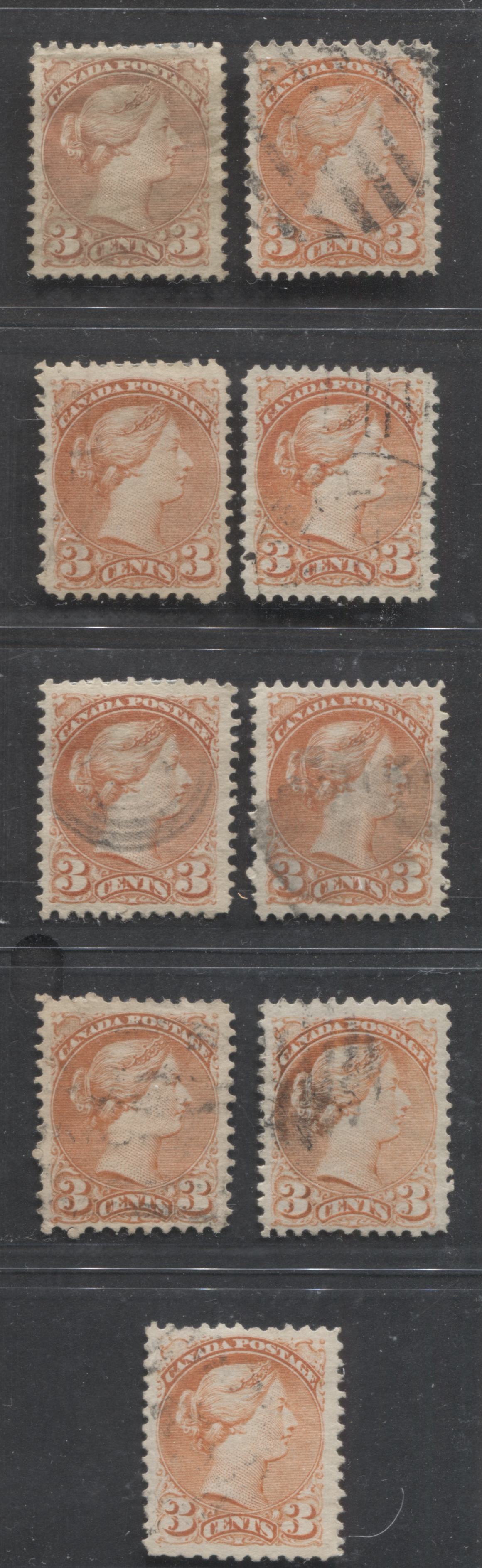 Lot 228 Canada #37c, 37, 37iii 3c Dull Red & Orange Red Queen Victoria, 1870-1897 Small Queen Issue, 9 Fine & VF Used Singles, All Montreal Printings, Perf. 12 and 11.75 x 12