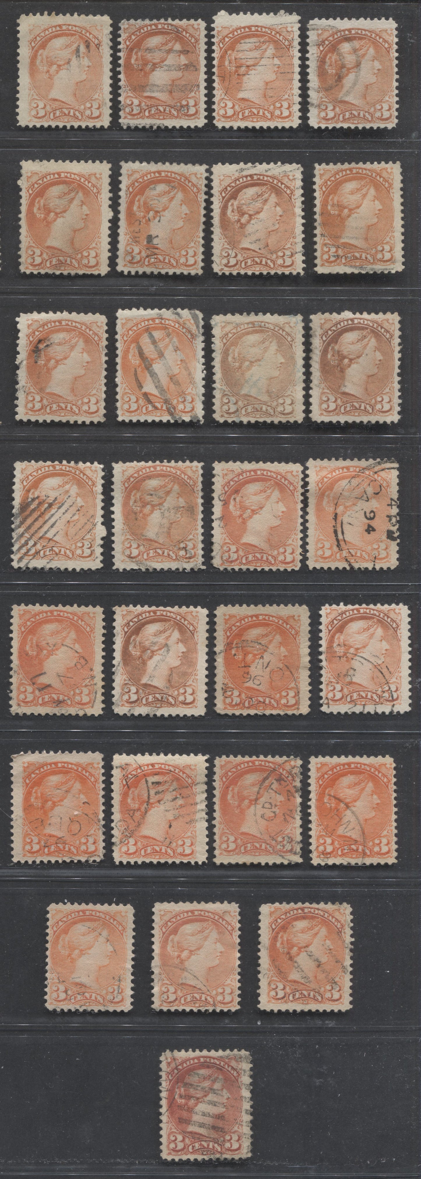 Lot 229 Canada #37, 37ii, 37iii, 41, 41i 3c Dull red, Orange Red, Vermilion & Deep Rose Carmine Queen Victoria, 1870-1897 Small Queen Issue, 28 Fine Used Singles, Montreal & 2nd Ottawa Printings, Including the Scarce Deep Rose Carmine,