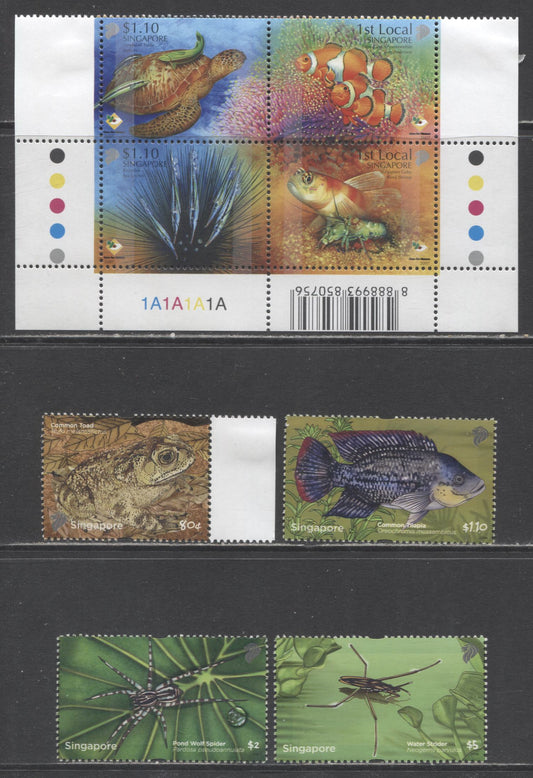 Lot 23 Singapore SC#1280/1486 2007-2011 Coral Reef Inhabitants & Pond Life Issues, 5 VFOG/NH Singles & Souvenir Sheet, Click on Listing to See ALL Pictures, 2017 Scott Cat. $17.8