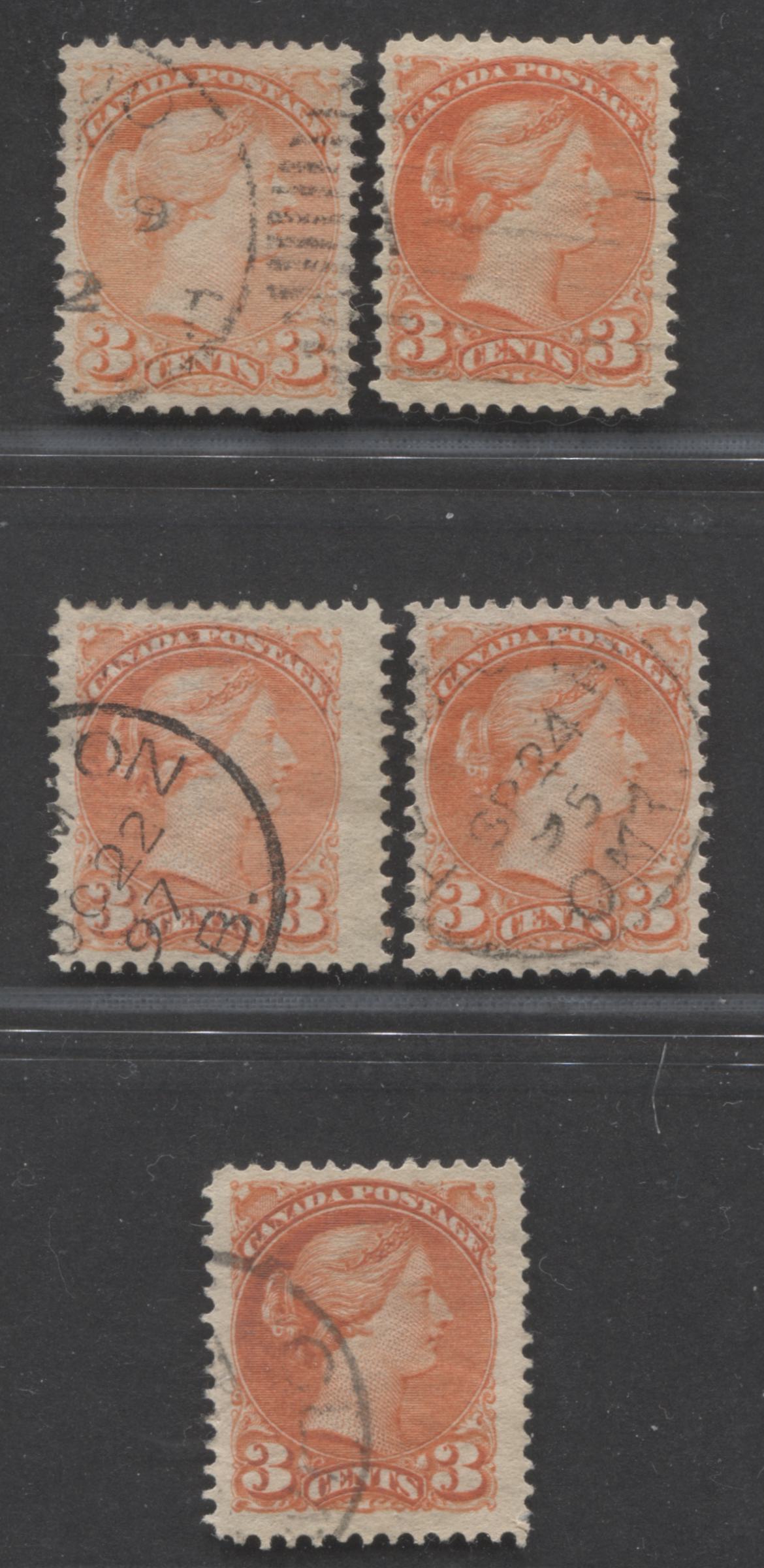 Lot 231 Canada #41 3c Vermilion Queen Victoria, 1870-1897 Small Queen Issue, 5 VF Used Singles, 2nd Ottawa Printings, Poor Quality Translucent Paper
