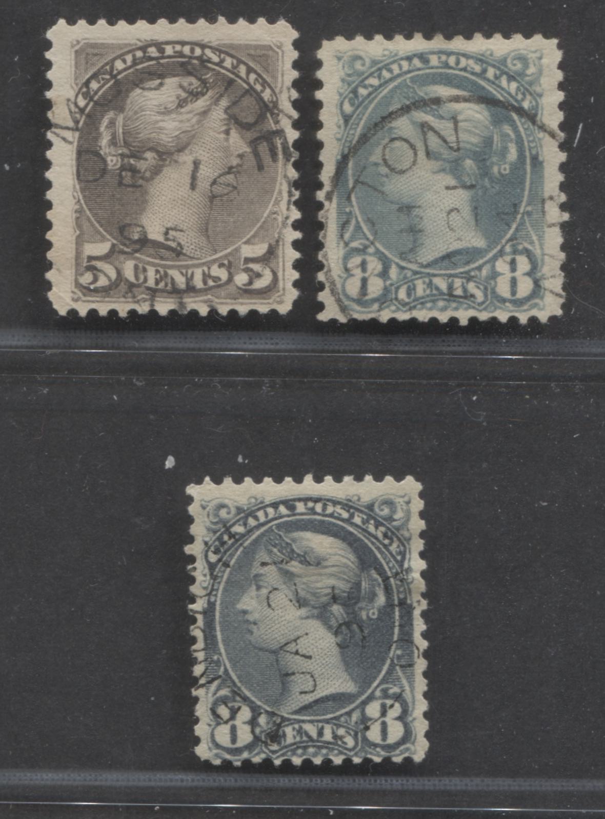 Lot 236 Canada #42, 44a-b 52, 8c Grey, Blue Grey, Slate Queen Victoria, 1870-1897 Small Queen Issue, 3 Fine Used Singles, With SON Mosside, Moncton and Denbeigh Cancels