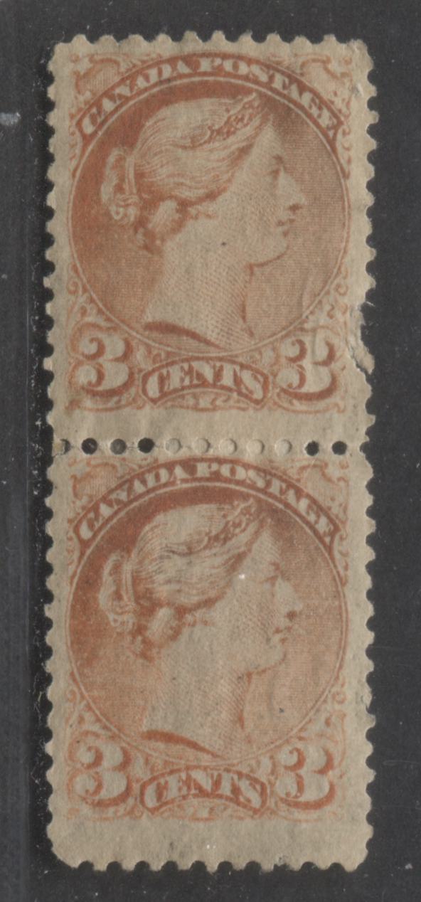 Lot 239 Canada #37 3c Dull Orange Red Queen Victoria, 1870-1897 Small Queen Issue, A VG & Fine OG Pair, Montreal Printing, Perf. 12