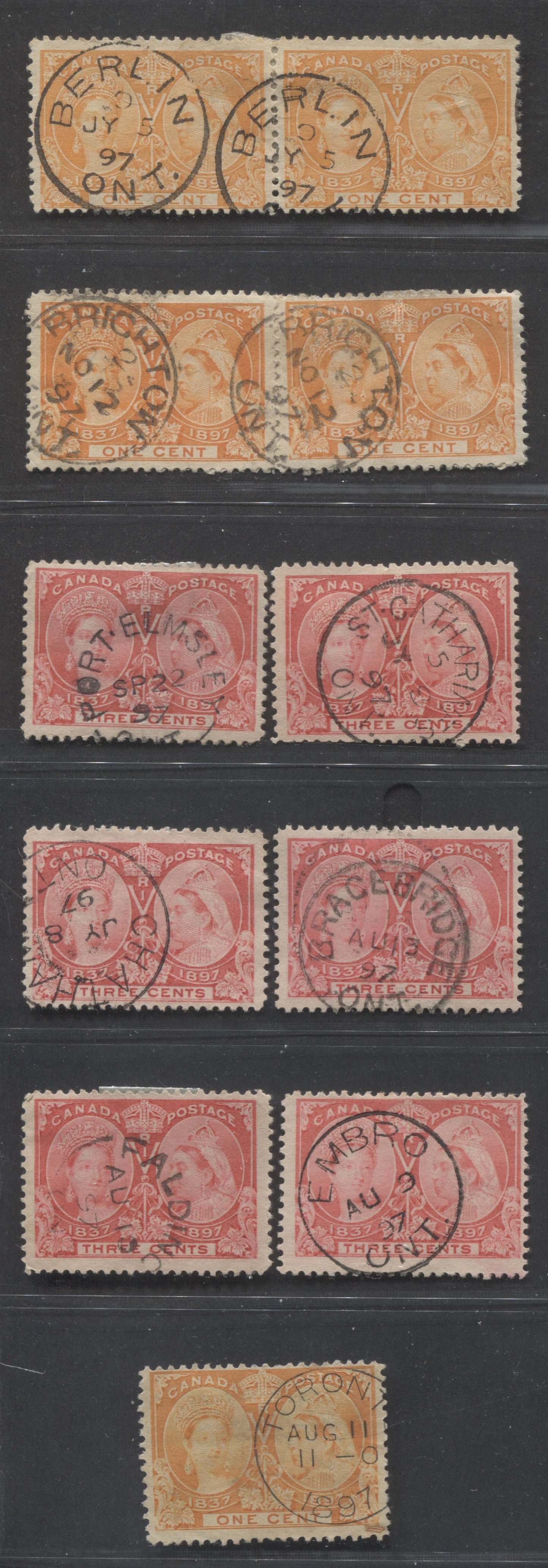 Lot 242 Canada #51, 51i, 53 1c, 3c Orange, Yellow Orange & Bright Rose Queen Victoria, 1897 Diamond Jubilee Issue, 9 Fine Used Singles & 1 Pair, With Full, Dated Strikes of CDS Town Cancels