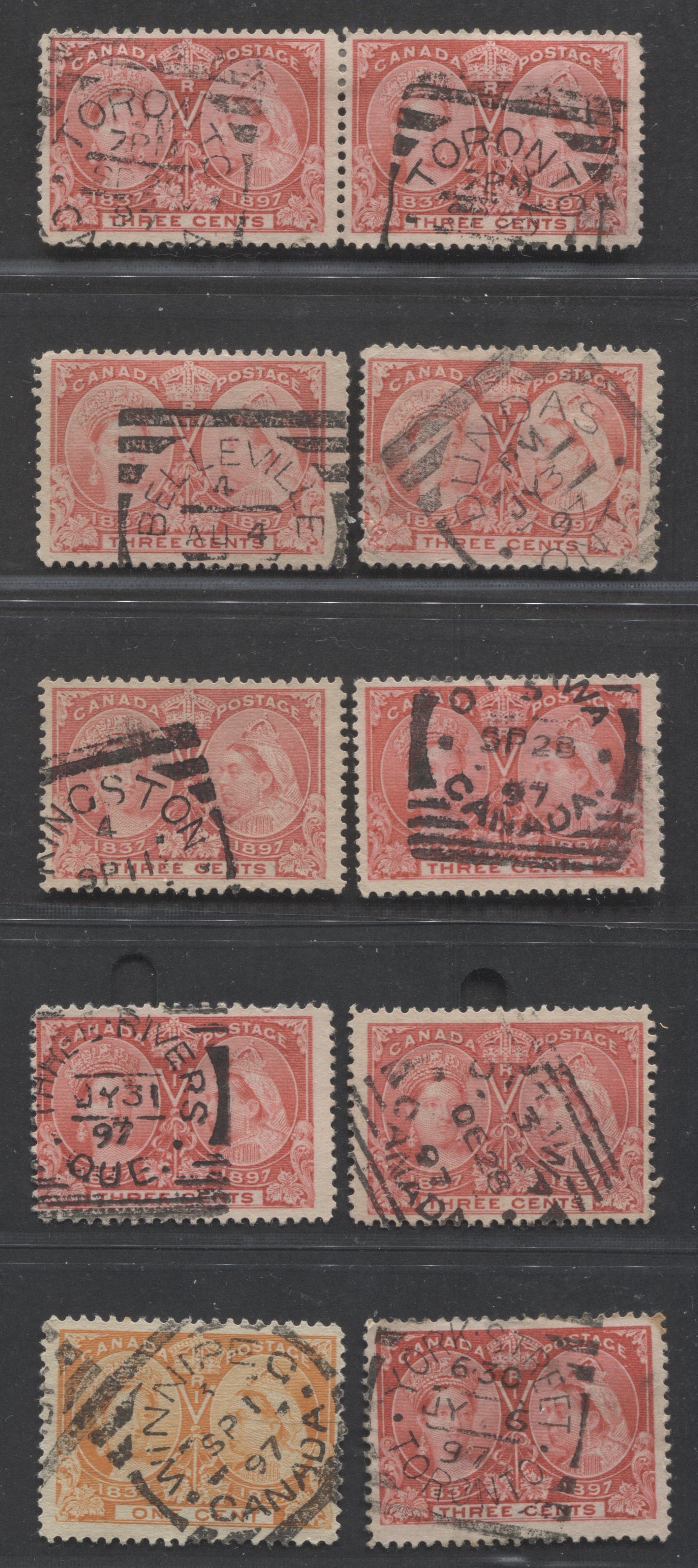 Lot 243 Canada #51, 53, 53i 1c, 3c Orange, Bright Rose & Pale Rose Queen Victoria, 1897 Diamond Jubilee Issue, 8 Fine Used Singles & 1 Pair, With Full, Or Partial Dated Strikes of Squared Circle Town Cancels