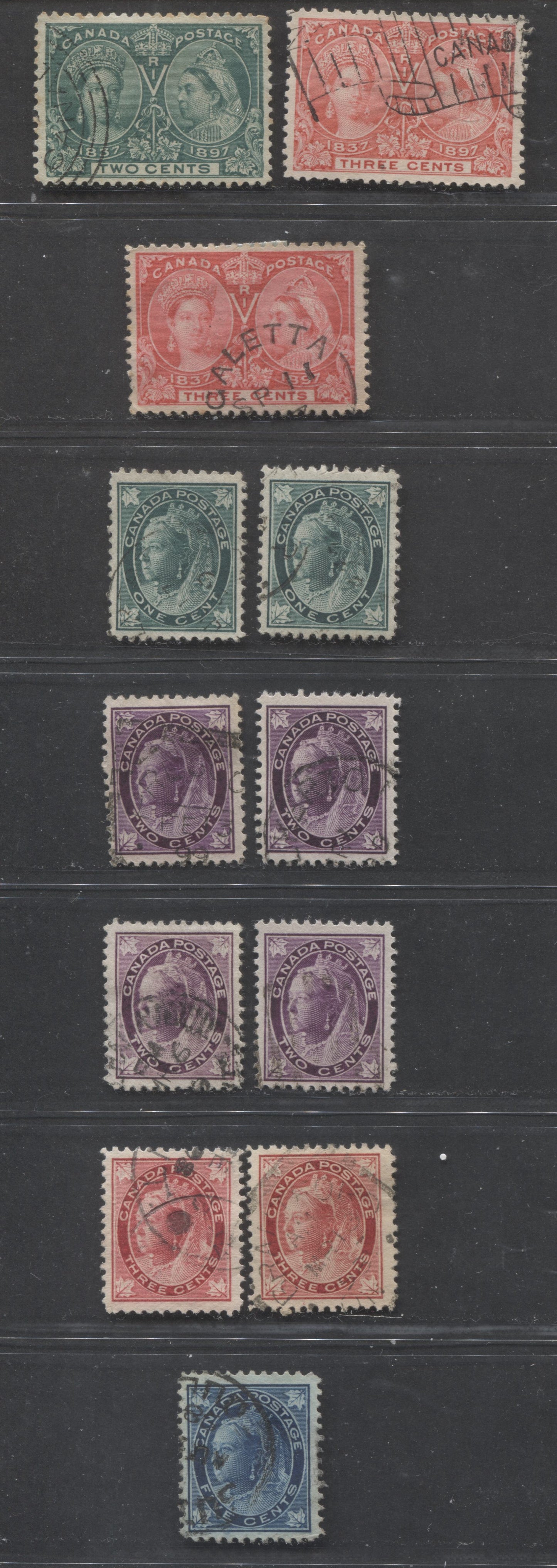 Lot 246 Canada #52, 53, 53i, 67-70 1c, 2c, 3c, 5c Green - Dark Blue Queen Victoria, 1897 Diamond Jubilee & Maple Leaf Issue, 12 VF Used Singles, All With Different Papers or Shades