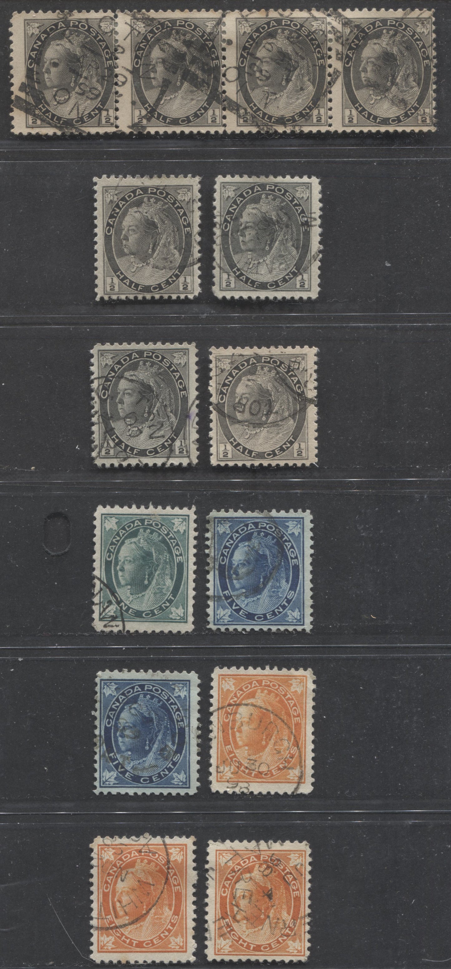 Lot 248 Canada #67, 70, 72ii, 72, 74 1/2c, 1c, 5c, 8c Black - Orange Queen Victoria, 1897-1902 Maple Leaf & Numeral Issues,  Fine & VF Used Singles & Strip of 4, All With Different Papers or Shades