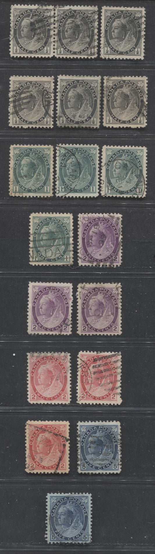 Lot 250 Canada #74, 75i, 75ii, 76, 77, 79, 79b 1/2c, 1c, 2c, 5c Black - Blue On Bluish Queen Victoria, 1898-1902 Numeral Issue, 18 VF Used Singles & 1 Pair, All With Different Papers or Shades