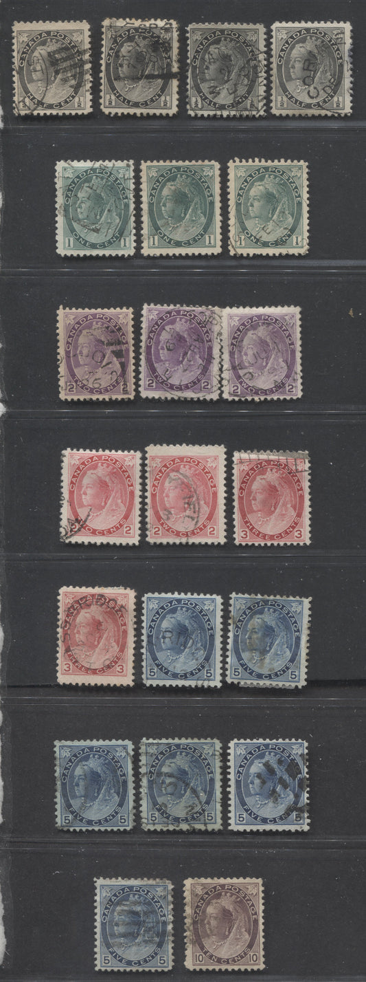 Lot 253 Canada #74, 75ii, 76, 76a, 77, 77a, 79, 79b 1/2c, 1c, 2c, 5c Black - Brown Violet Queen Victoria, 1898-1902 Numeral Issue, 21 VG & Fine Used Singles, All With Different Papers or Shades, Mostly All Fine