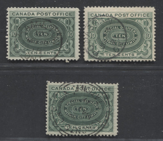Lot 254 Canada #E1, E1a, E1ii 10c Blue Green, Deep Green & Green Numeral on Pattern, 1898-1920 Special Delivery Issue, 3 Fine Used Singles, SON Town Cancels, Blue Green, Deep Green & Green Shades, One With No Shading Around Value in Tablet