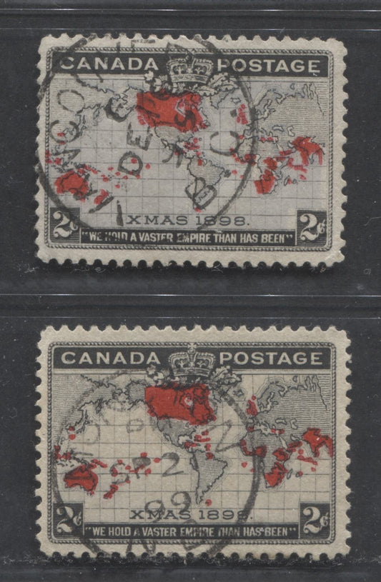 Lot 255 Canada #85, 85i 2c Lavender/Grey, Black & Carmine Mercator's Projection, 1898 Imperial Penny Postage Issue, 2 VF Used Singles, With SON Vancouver and Moncton CDS Cancels