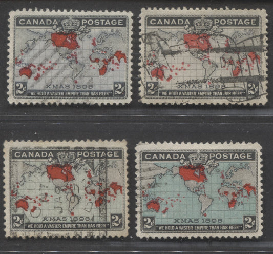 Lot 256 Canada #85, 85i, 86, 86b 2c Lavender/Grey/Blue/Deep Blue, Black & Carmine Mercator's Projection, 1898 Imperial Penny Postage Issue, 4 VF Used Singles