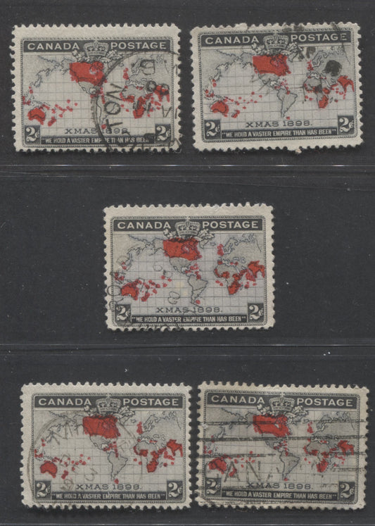 Lot 257 Canada #85 2c Lavender, Black & Carmine Mercator's Projection, 1898 Imperial Penny Postage Issue, 5 Fine Used Singles, All With Slight Differences In The Islands, With Nearly All Having Extra Islands In Different Locations