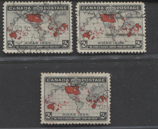 Lot 258 Canada #85i 2c Grey, Black & Carmine Mercator's Projection, 1898 Imperial Penny Postage Issue, 3 VF Used Singles, All With Slight Differences In The Islands, With All Having Extra Islands In Different Locations