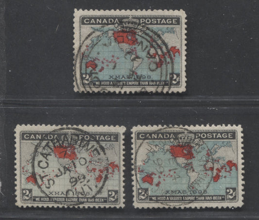 Lot 260 Canada #86, 86b 2c Blue/Deep Blue, Black & Carmine Mercator's Projection, 1898 Imperial Penny Postage Issue, 3 VF Used Singles, With Lovely SON Town Cancels: London, St. Catherines and Harrisburg & Southampton MC