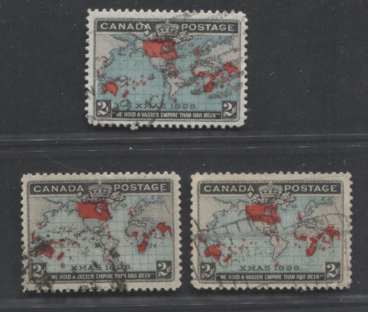 Lot 261 Canada #86, 86b 2c Blue/Deep Blue, Black & Carmine Mercator's Projection, 1898 Imperial Penny Postage Issue, 3 VF Used Singles, All With Slight Differences In The Islands, With Nearly All Having Extra Islands In Different Locations