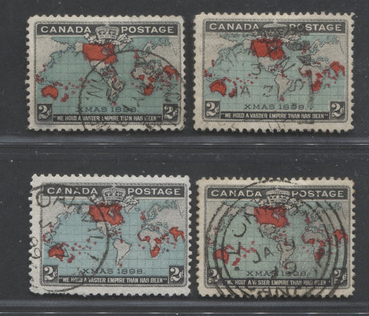 Lot 262 Canada #86b 2c Deep Blue, Black & Carmine Mercator's Projection, 1898 Imperial Penny Postage Issue, 4 Fine Used Singles, All With Full Or Partial Dated CDS Town Cancels