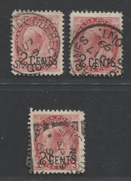 Lot 263 Canada #88 2c on 3c Carmine Queen Victoria, 1899 Surcharges, 3 VF Used Singles, With Lovely SON Town Cancels: St. …Hde, Quebec, St. Caterines, ON & Victoria, BC