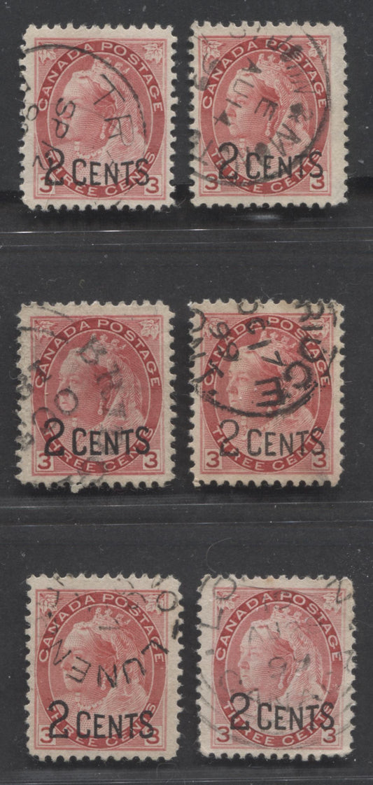 Lot 264 Canada #88 2c on 3c Carmine Queen Victoria, 1899 Surcharges, 6 VF Used Singles, With Partial Strikes of Dated CDS Town Cancels