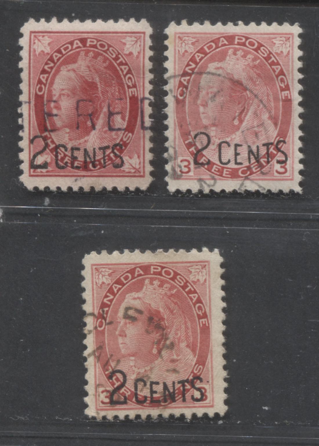Lot 265 Canada #87-88 2c on 3c Carmine Queen Victoria, 1899 Surcharges, 3 VF Used Singles, Different Shades and Thickness of Overprint