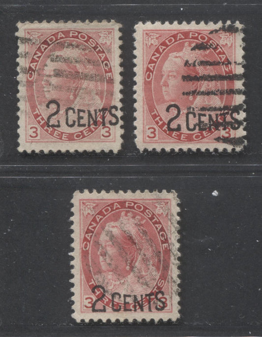 Lot 266 Canada #88 2c on 3c Carmine Queen Victoria, 1899 Surcharges, 3 VF Used Singles, Two Different Placements of the Surcharge, Different Shades