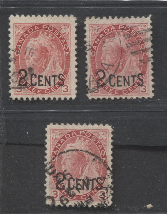 Lot 267 Canada #88 2c on 3c Carmine Queen Victoria, 1899 Surcharges, 3 VF Used Singles, Normal Surcharge Placcement, Three Different Shades, Different From Lot 268