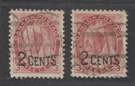 Lot 268 Canada #88 2c on 3c Carmine Queen Victoria, 1899 Surcharges, 2 VF Used Singles, Normal Surcharge Placcement, Two Different Shades, Different From Lot 267