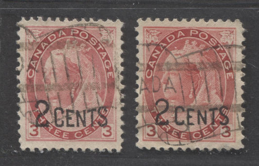 Canada #88 2c on 3c Carmine Queen Victoria, 1899 Surcharges, 2 VF Used Singles, Normal Surcharge Placcement, Two Different Shades, Different From Lot 267