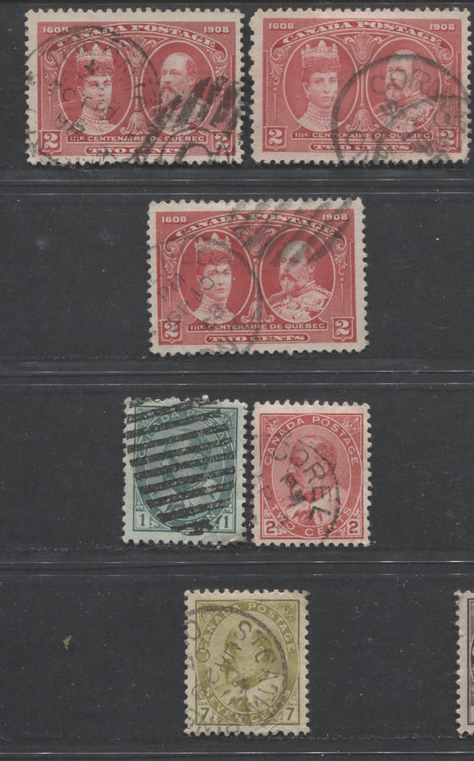 Lot 269 Canada #89ii, 90, 92, 98 1c, 2c, 7c Grey Green, Carmine & Olive Bistre King Edward VII & Queen Alexandra, 1903-1911 King Edward VII & Quebec Tercentenary Issues, 6 Fine & VF Used Singles, With Dated CDS Cancels and 1 Full Crisp Grid Duplex Strike