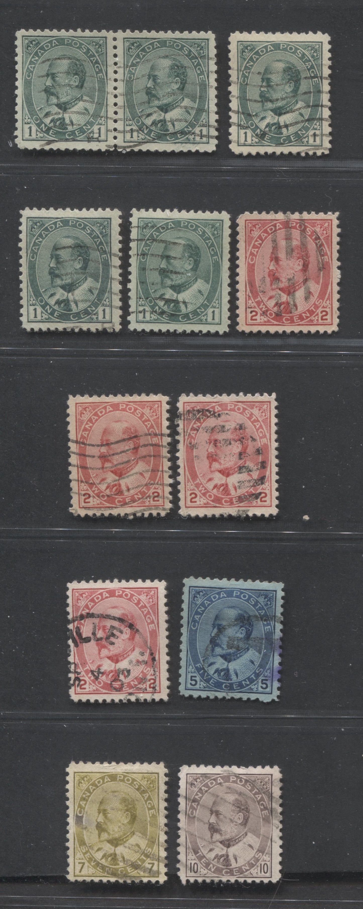 Lot 270 Canada #89iii, 90i, 90e, 91, 92, 93i 1c, 2c, 5c, 7c, 10c Blue Green - Dull Lilac King  Edward VII, 1903-1911 King Edward VII , 12 VF Used Singles, All Slightly Different Shades or Papers, Including Two 2c Type 1's