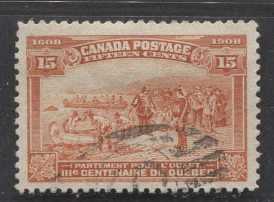 Lot 275 Canada #102 15c Red Orange Champlain's Departure, 1908 Quebec Tercentenary Issue, A VF Used Single, Lovely Margins, Colour and Centering