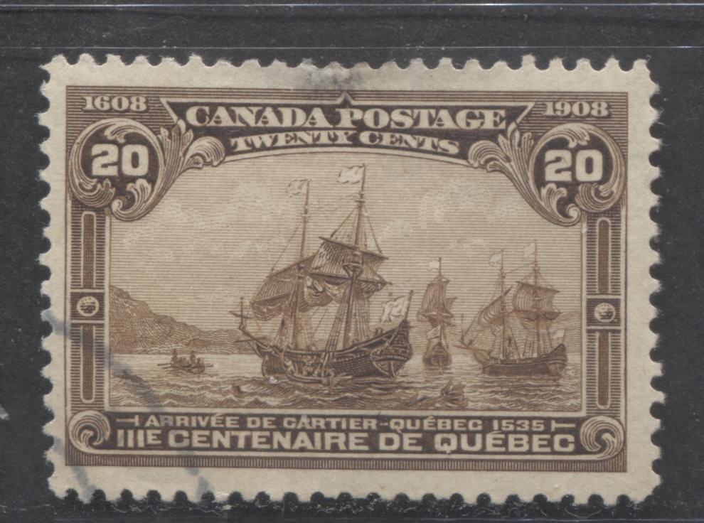 Lot 276 Canada #103 20c Dark Brown Cartier's Arrival, 1908 Quebec Tercentenary Issue, A VG Used Single, VF Appearance, Light Corner Cancel, But Severe Thin At Top Reduces It To VG