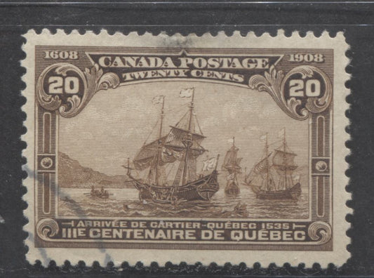 Lot 276 Canada #103 20c Dark Brown Cartier's Arrival, 1908 Quebec Tercentenary Issue, A VG Used Single, VF Appearance, Light Corner Cancel, But Severe Thin At Top Reduces It To VG