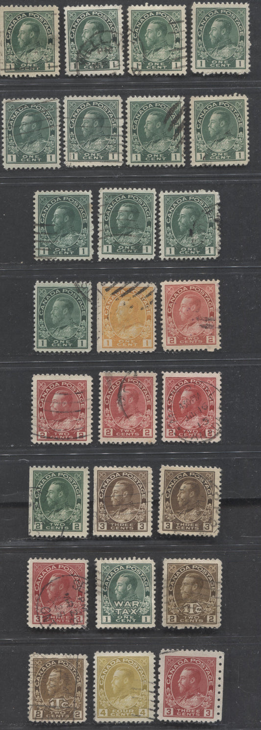 Lot 279 Canada #104, 104b, 104v,105, 106, 106ii, 106v, 106iv, 107ii, 108-109, MR1, MR4-4a, 110d, 184 1c-3c Dark Green - Yellow Ochre King George V, 1911-1931 Admiral Issue, 26 VF Used Singles, All Different Shades, Wet & Dry Printings