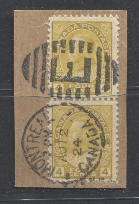 Lot 279A Canada #110c 4c Golden Yellow King George V, 1911-1928 Admiral Issue, A VF Used Pair, August 12, 1924 Montreal CDS Duplex Cancel, Tied To Piece