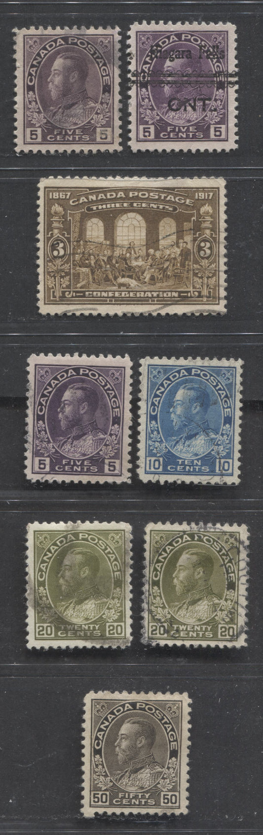 Lot 280 Canada #112a, 112i, 112cxx, 119c, 120ii, 135 3c, 5c, 20c, 50c Violet - Brown Black King George V, 1911-1928 Admiral & 50th Anniversary of Confederation Issues, 8 VF Used Singles, Including 5c Violet On Thin Paper & 50c Brown Black Wet Printing