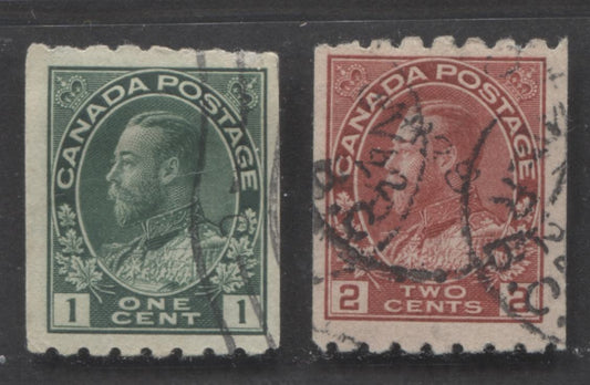 Lot 284A Canada #123-124 1c-2c Blue Green & Rose Carmine King George V, 1911-1928 Admiral Issue, 2 Fine Used Singles, Scarce Perf. 8 Horizontal Coil Singles