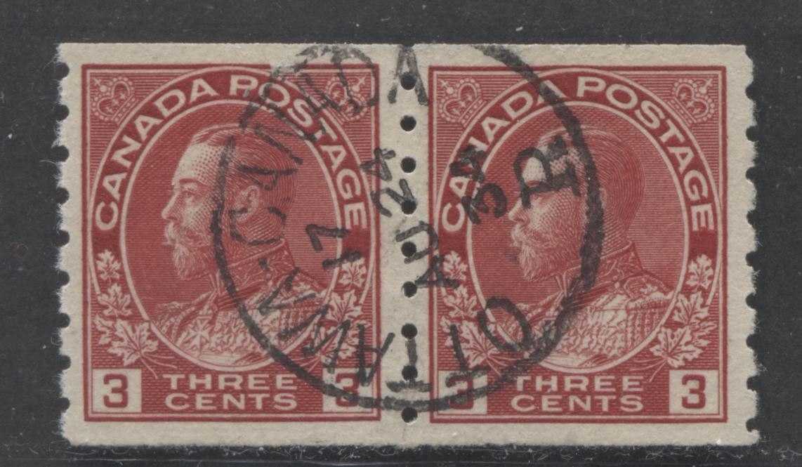 Lot 285 Canada #130 3c Carmine King George V, 1911-1928 Admiral Issue, A VF Used Coil Pair, Die 1 Wet Printing, SON August 24, 1934 Ottawa CDS Cancel