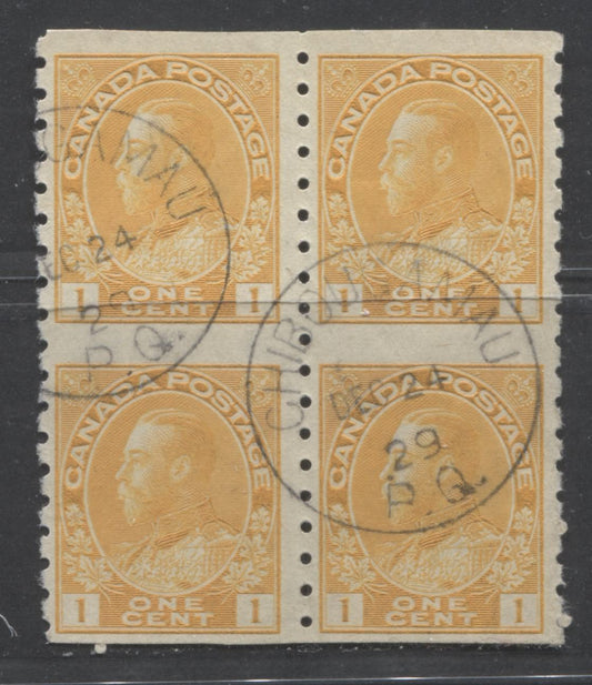 Lot 287 Canada #126a 1c Yellow Orange King George V, 1924 Admiral Issue, A VF Used Coil Block of 4, SON December 24, 1929 Chibougamau, PQ CDS Cancel
