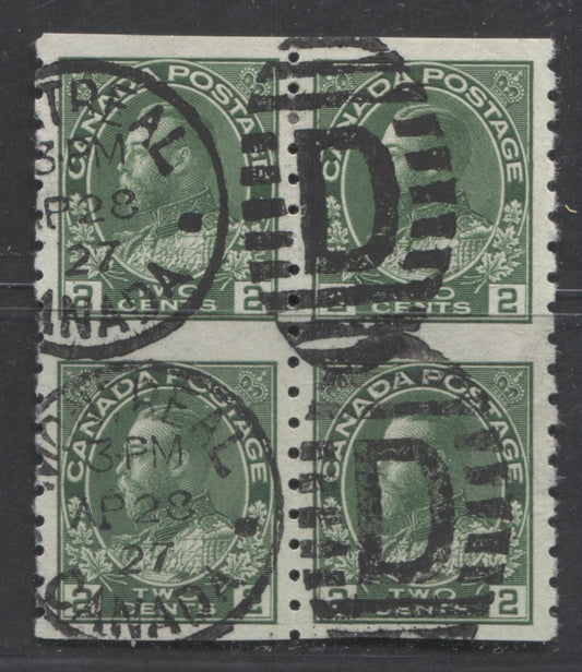 Lot 288 Canada #128a 2c Green King George V, 1924 Admiral Issue, A VF Used Coil Block of 4, SON April 28, 1927 Montreal Duplex Cancel