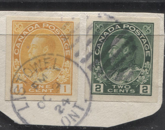 Lot 289 Canada #136-137 1c, 2c Yellow & Green King George V, 1924 Admiral Issue, 2 VF Used Imperforate Singles, Tied To Piece By October 9, 1924 Listowel CDS Duplex