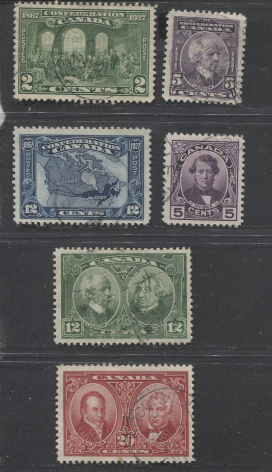 Lot 290 Canada #142, 144-148 2c, 5c, 12c, 20c Green - Carmine Various Subjects, 1927 Confederation & Historical Issues, 6 VF Used Singles, Nice Light Cancels