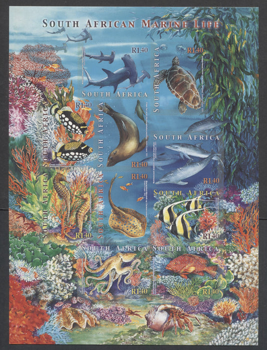 Lot 29 South Africa SC#1275 1.40R Multicolored 2001 Marine Life Issue, A VFNH Souvenir Sheer, Click on Listing to See ALL Pictures, 2017 Scott Cat. $4.5