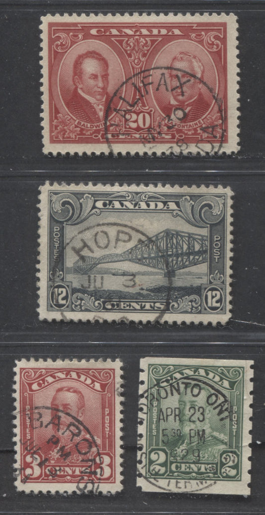 Lot 291 Canada #148, 151, 156, 161 2c, 3c, 12c. 20c Green - Carmine Various Subjects, 1927-1929 Historical & Scroll Issues, 4 Fine & VF Used Singles, With SON & Partial Dated CDS Town Cancels & In-Period