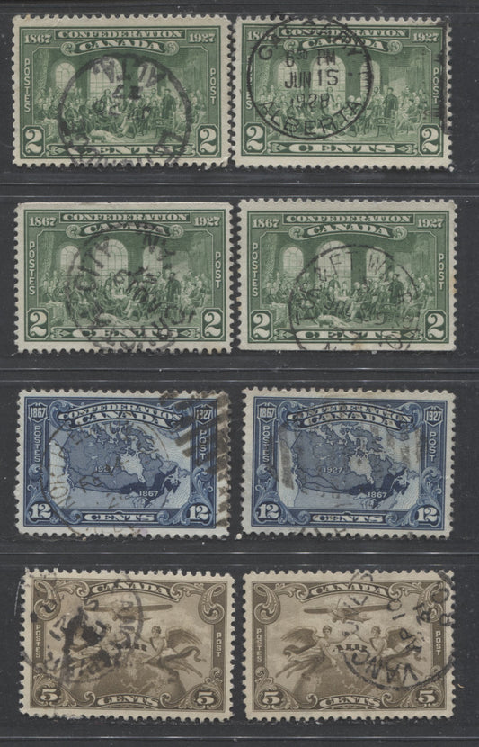 Lot 292 Canada #142, 145, C1 2c, 5c, 12c Green - Dark Blue Various Subjects, 1927-1929 Confederation & Scroll Issues, 8 Fine & VF Used Singles, With Full, In-Period Dated CDS Town Cancellations