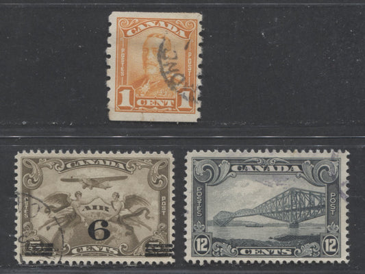 Lot 293 Canada #156, 160, C3 1c, 6c on 5c, 12c Orange - Slate Grey Various Subjects, 1928-1929 Scroll Issue, 3 Fine & VF Used Singles, Nice Light Cancels