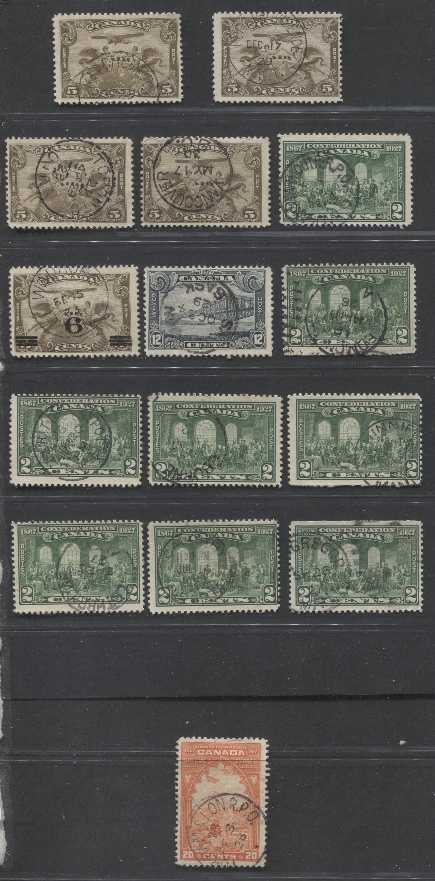 Lot 294 Canada #142, C1, C3, E3, 156 2c, 5c, 6c on 5c, 12c, 20c Green - Orange Red Various Subjects, 1927-1929 Confederation & Scroll Issues, 15 Fine Used Singles, With Full, In-Period Dated CDS Town Cancellations
